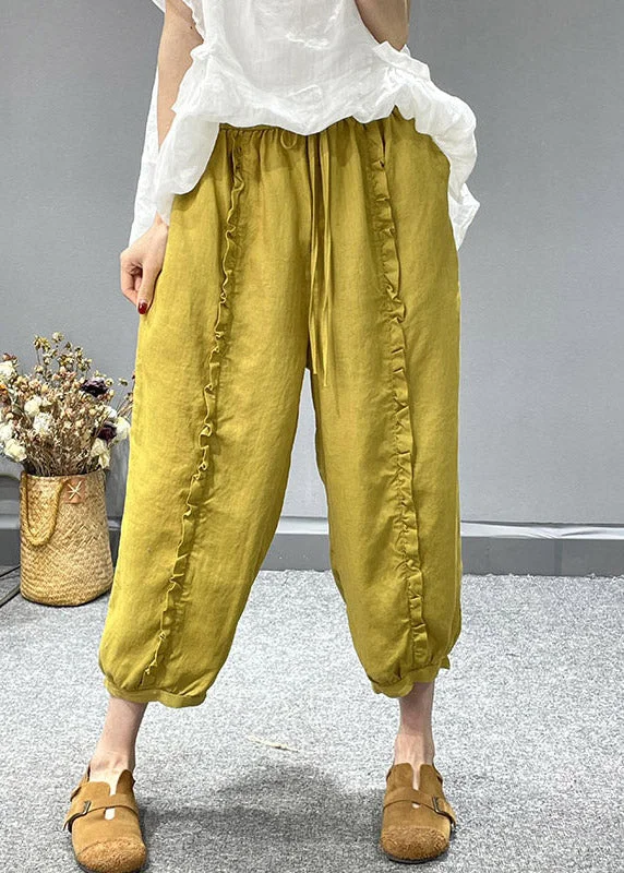 Cozy Fashion Professional work pants Organic Yellow Ruffled Pockets Linen Crop Pants Summer Cozy Fashion Professional work pants Organic Yellow Ruffled Pockets Linen Crop Pants Summer