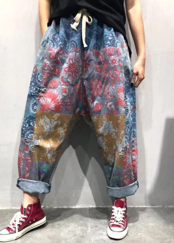 Simple Chic Smart slim pants Plus Size Blue Print Tie Waist Ripped Wide Leg Pants Summer