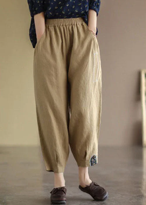 Soft Textures Formal casual pants Plus Size Khaki Elastic Waist Patchwork Applique Linen Harem Pants Fall Soft Textures Formal casual pants Plus Size Khaki Elastic Waist Patchwork Applique Linen Harem Pants Fall